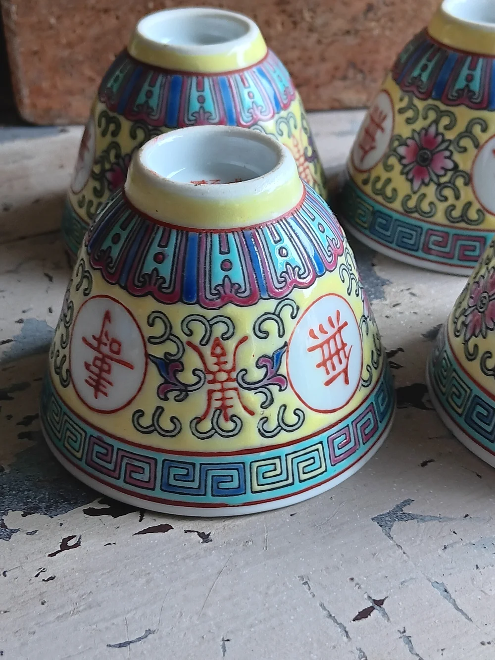 Vintage Famille Rose Yellow Ground set of 4 cups